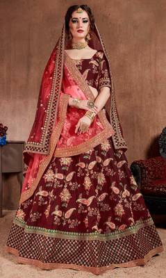 Dark-maroon embroidered art silk semi stitched lehenga 1