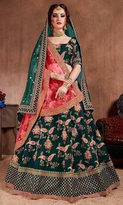 Dark-green embroidered art silk semi stitched lehenga 1