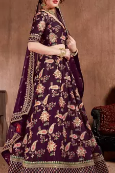 Dark-purple embroidered art silk semi stitched lehenga