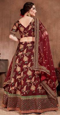 Dark-maroon embroidered art silk semi stitched lehenga 2