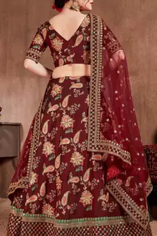 Dark-maroon embroidered art silk semi stitched lehenga