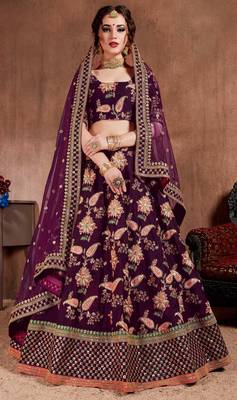Dark-purple embroidered art silk semi stitched lehenga 4