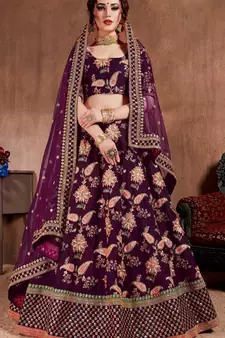 Dark-purple embroidered art silk semi stitched lehenga