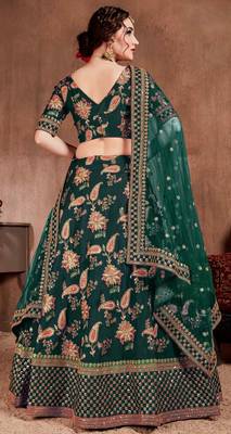 Dark-green embroidered art silk semi stitched lehenga 2