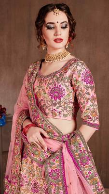 Captivating Baby Pink Dori, Zari And Thread Embroidered Silk Bridal Lehenga 5