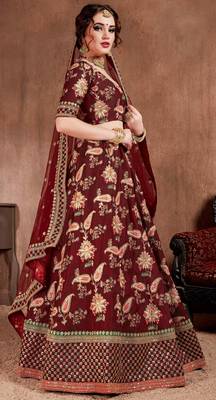 Dark-maroon embroidered art silk semi stitched lehenga 3