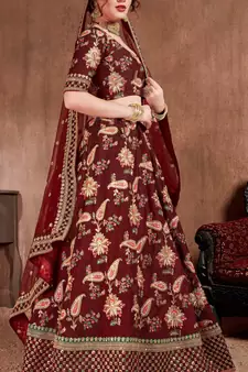 Dark-maroon embroidered art silk semi stitched lehenga