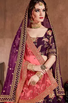 Dark-purple embroidered art silk semi stitched lehenga
