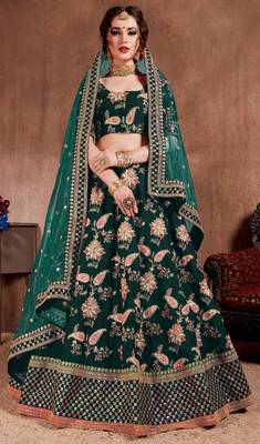 Dark-green embroidered art silk semi stitched lehenga 3