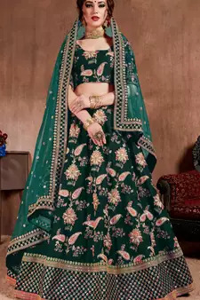 Dark-green embroidered art silk semi stitched lehenga