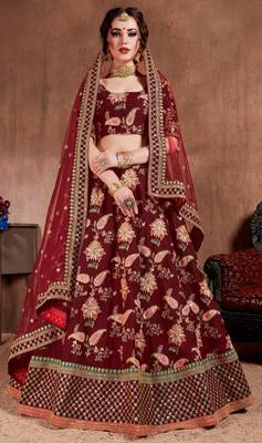 Dark-maroon embroidered art silk semi stitched lehenga 4
