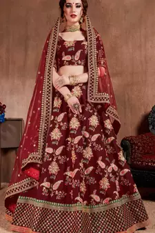 Dark-maroon embroidered art silk semi stitched lehenga