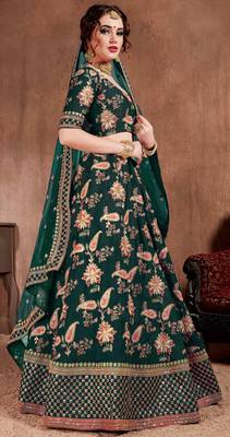 Dark-green embroidered art silk semi stitched lehenga 4