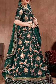 Dark-green embroidered art silk semi stitched lehenga