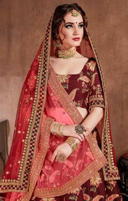 Dark-maroon embroidered art silk semi stitched lehenga 5