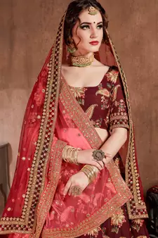 Dark-maroon embroidered art silk semi stitched lehenga