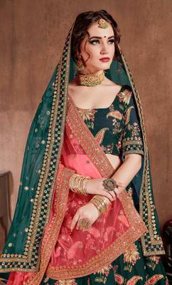 Dark-green embroidered art silk semi stitched lehenga 5