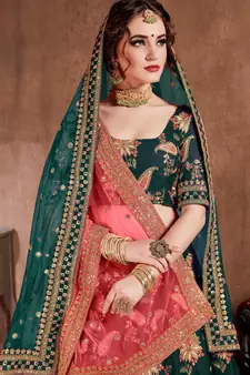 Dark-green embroidered art silk semi stitched lehenga