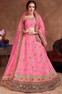 Pink embroidered art silk semi stitched lehenga 1