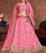 Pink embroidered art silk semi stitched lehenga