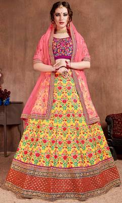 Yellow embroidered art silk semi stitched lehenga 1