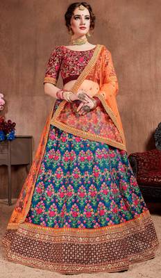 Navy-blue embroidered art silk semi stitched lehenga 1