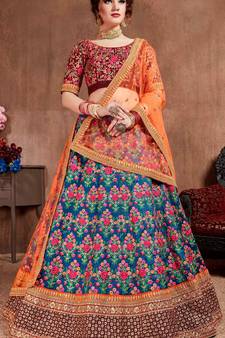 Navy-blue embroidered art silk semi stitched lehenga