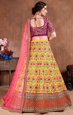 Yellow embroidered art silk semi stitched lehenga 2