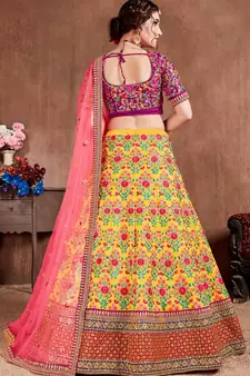 Yellow embroidered art silk semi stitched lehenga