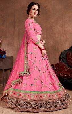 Pink embroidered art silk semi stitched lehenga 3