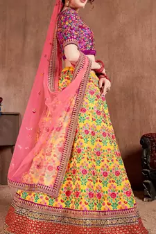 Yellow embroidered art silk semi stitched lehenga