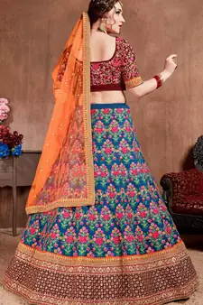 Navy-blue embroidered art silk semi stitched lehenga