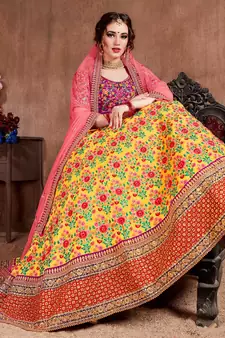 Yellow embroidered art silk semi stitched lehenga
