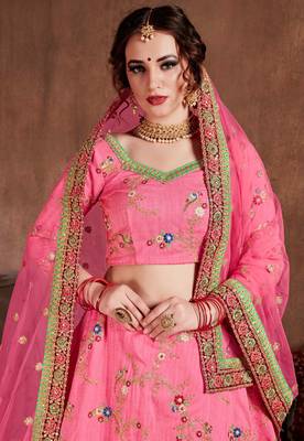 Pink embroidered art silk semi stitched lehenga 5