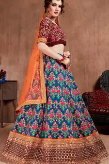 Navy-blue embroidered art silk semi stitched lehenga
