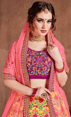 Yellow embroidered art silk semi stitched lehenga 5