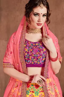 Yellow embroidered art silk semi stitched lehenga