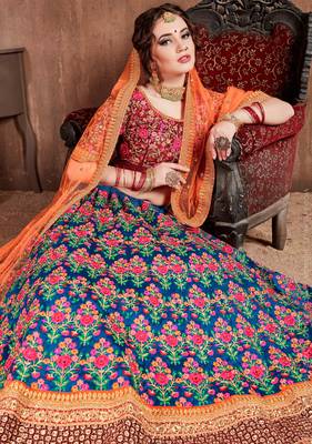 Navy-blue embroidered art silk semi stitched lehenga 4