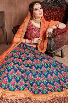 Navy-blue embroidered art silk semi stitched lehenga