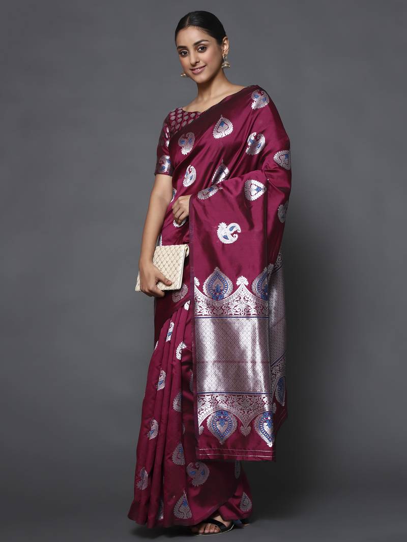 Glemora Wine Designer Ethnic Wear Silk Blend  Traditional Saree
