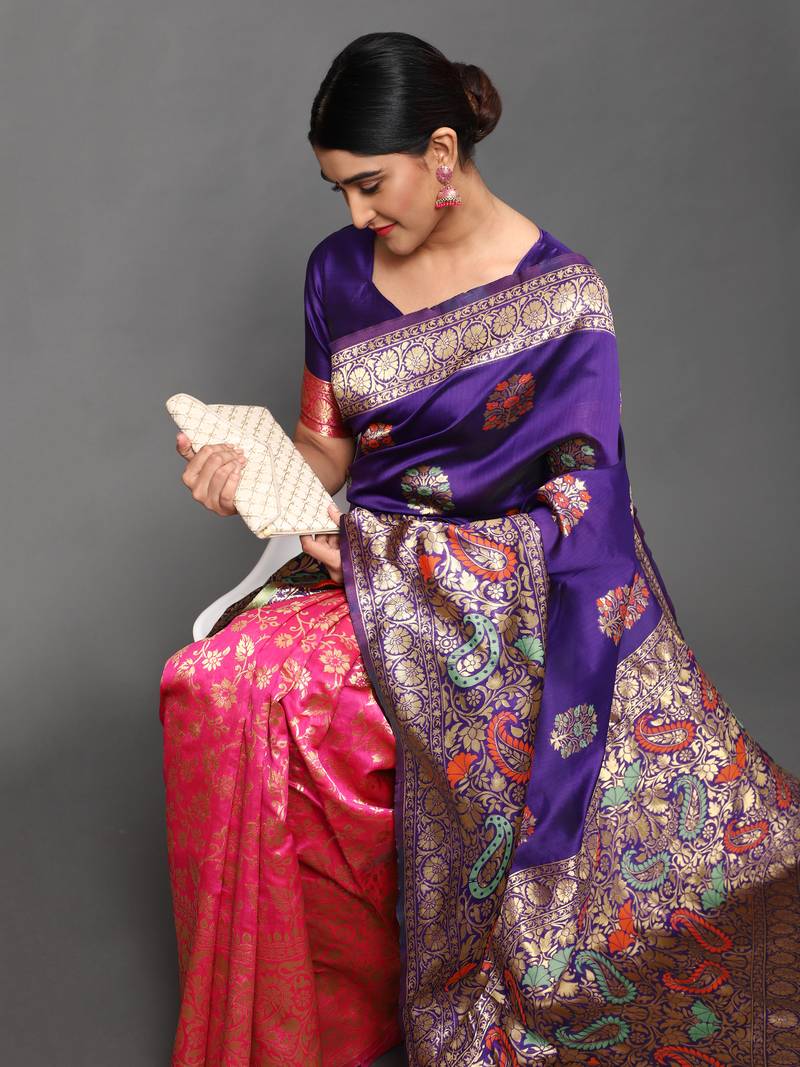 Glemora Blue Beautiful Ethnic Wear Silk Blend  Traditional Saree