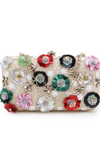 Anekaant Adorn Cream & Multi Faux Silk Floral Embellished Clutch