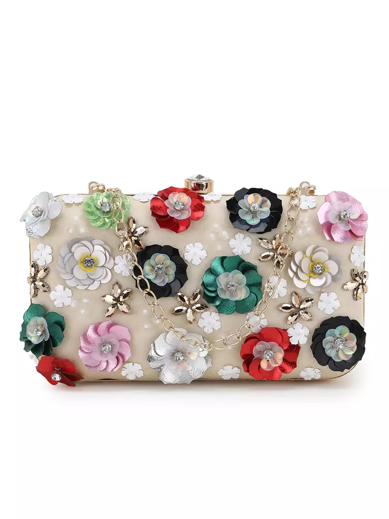 Anekaant Adorn Cream & Multi Faux Silk Floral Embellished Clutch