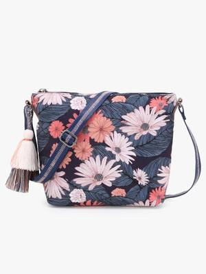 Grey & Multi Polyester & Leatherette Digital Print Floral Sling Bag 1