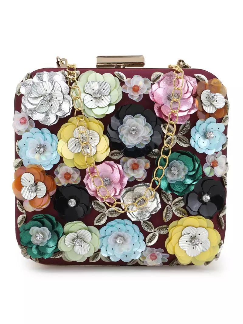 Anekaant Vista Wine & Multi Faux Silk Floral Embellished Clutch