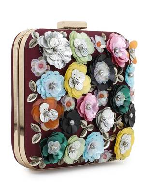 Anekaant Vista Wine & Multi Faux Silk Floral Embellished Clutch 2