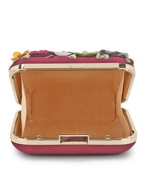 Anekaant Vista Wine & Multi Faux Silk Floral Embellished Clutch 4