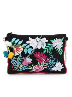 Black & Multi Canvas Floral Embroidered Sling Bag 1