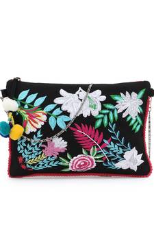 Black & Multi Canvas Floral Embroidered Sling Bag