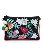Black & Multi Canvas Floral Embroidered Sling Bag